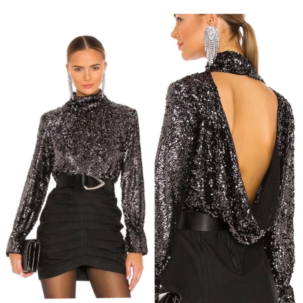 NWT Free People Sequin Moonstruck Top in Black Combo Open Back Sz Small‎ $128